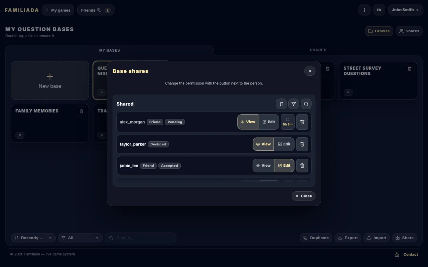 Base shares — list of people with the permission next to each