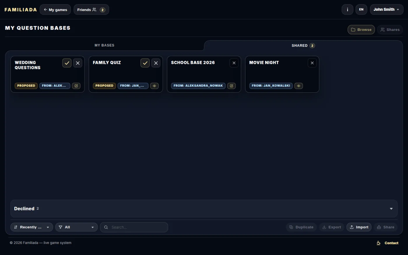 Base invitations in the “Shared” tab
