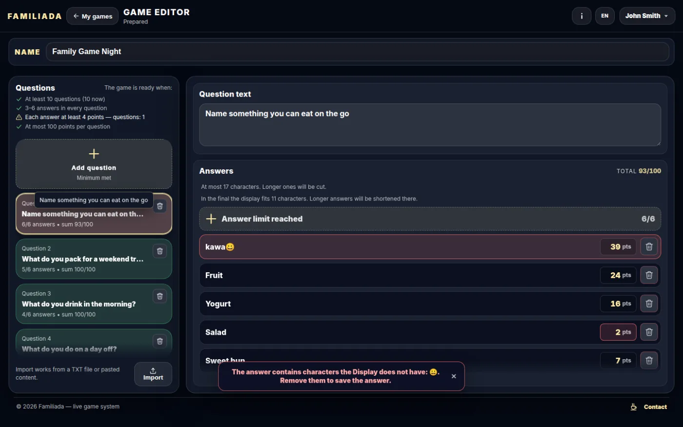Characters the Display cannot show and hints at the answers