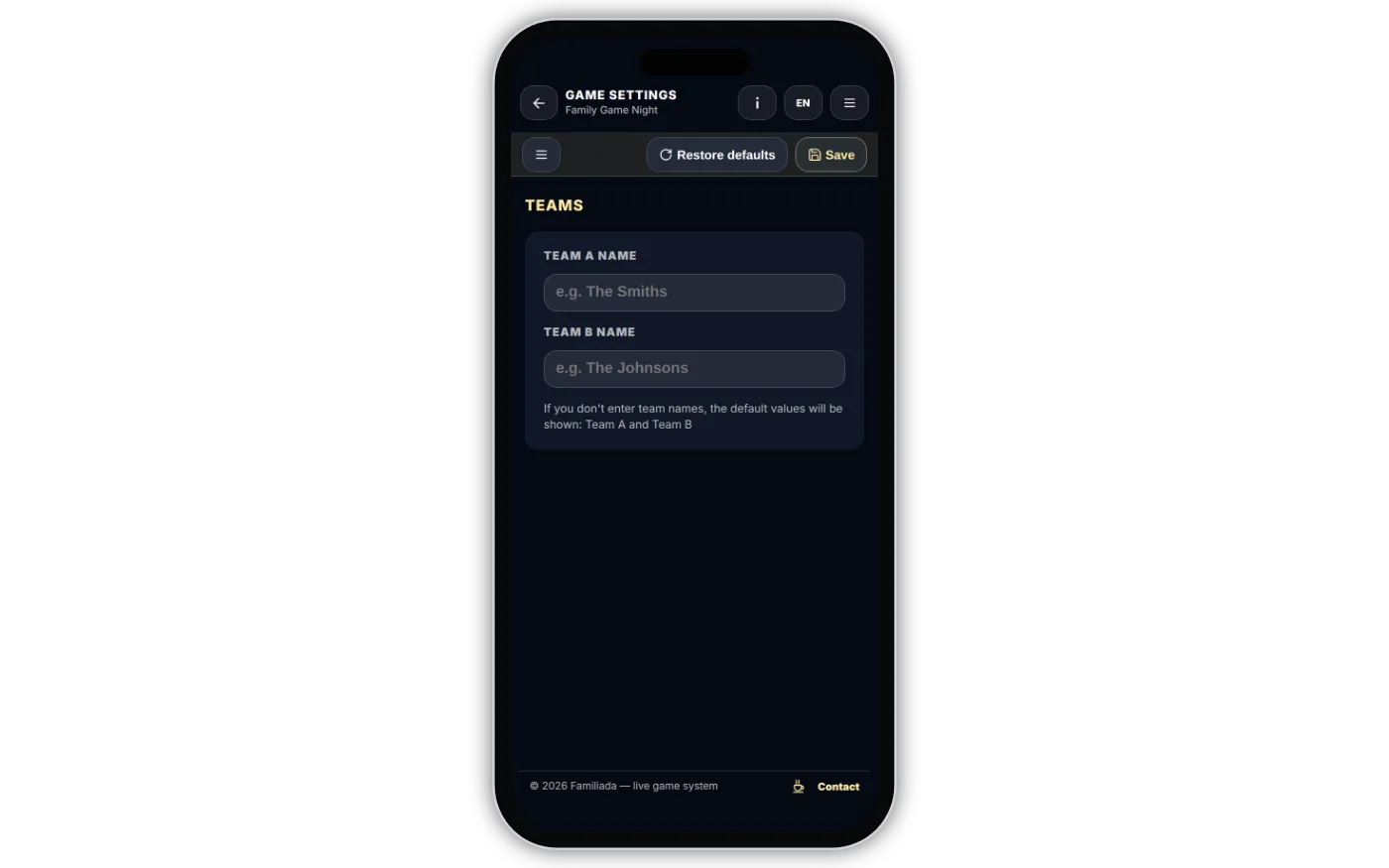 Game settings on a phone