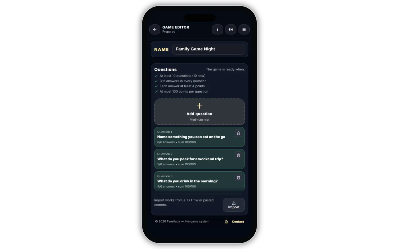 Editor on a phone — question list