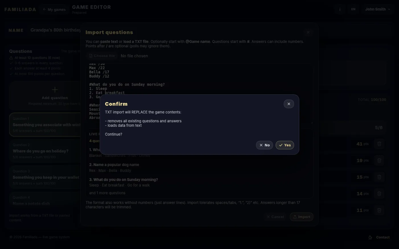 Confirming the replacement of questions