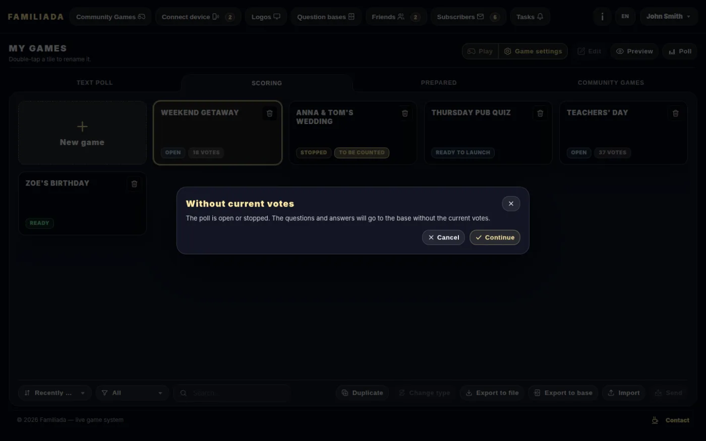 Export to a base — the "Without current votes" warning