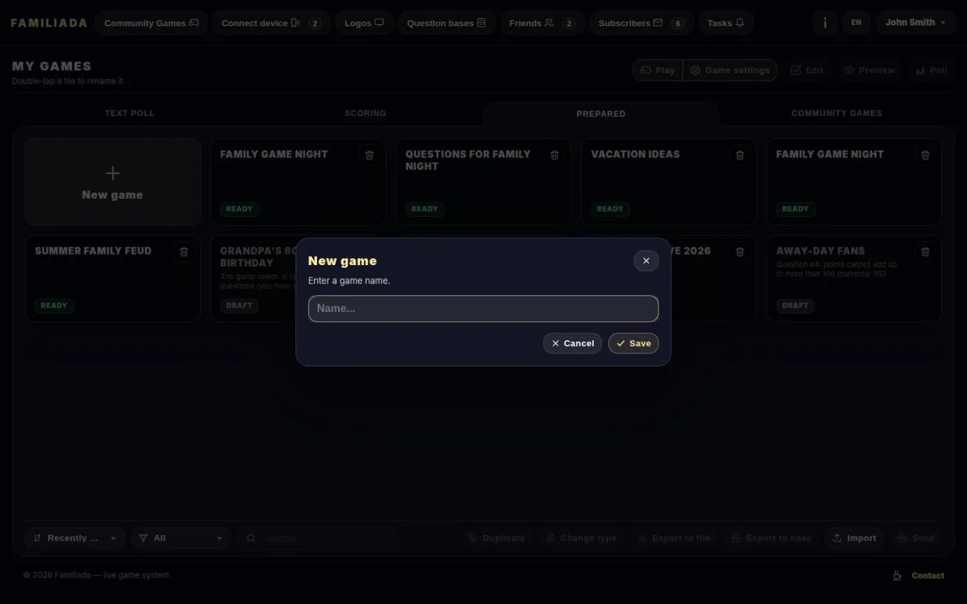 A new game in the chosen tab