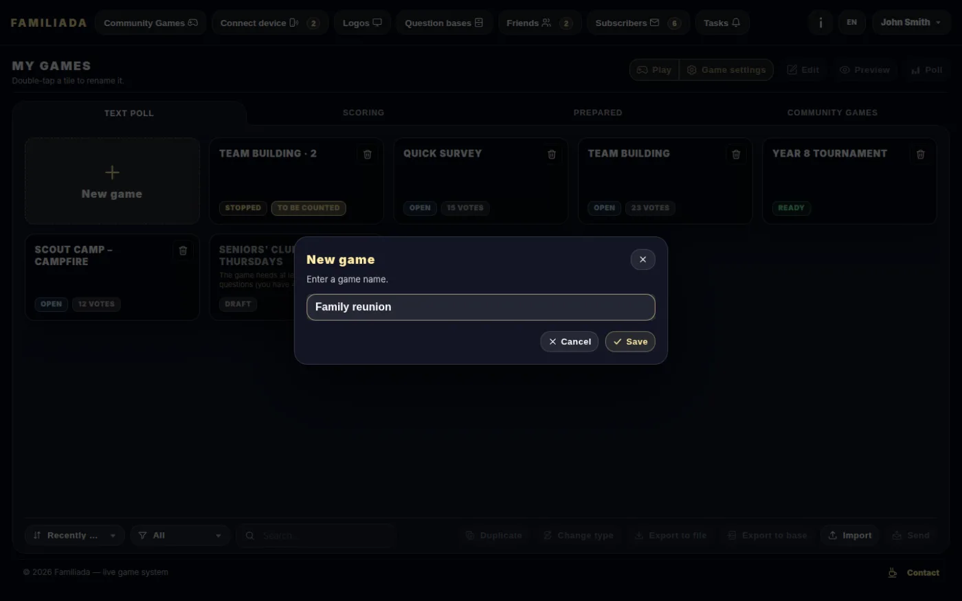 New game — name