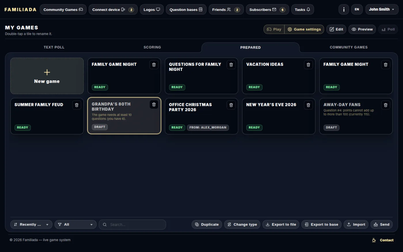 A selected game — action buttons on the top bar
