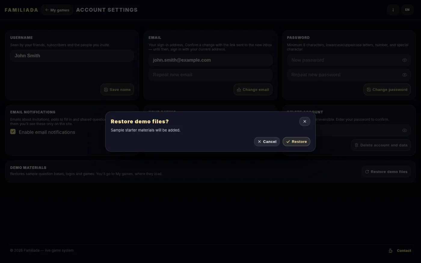 Restoring demo materials