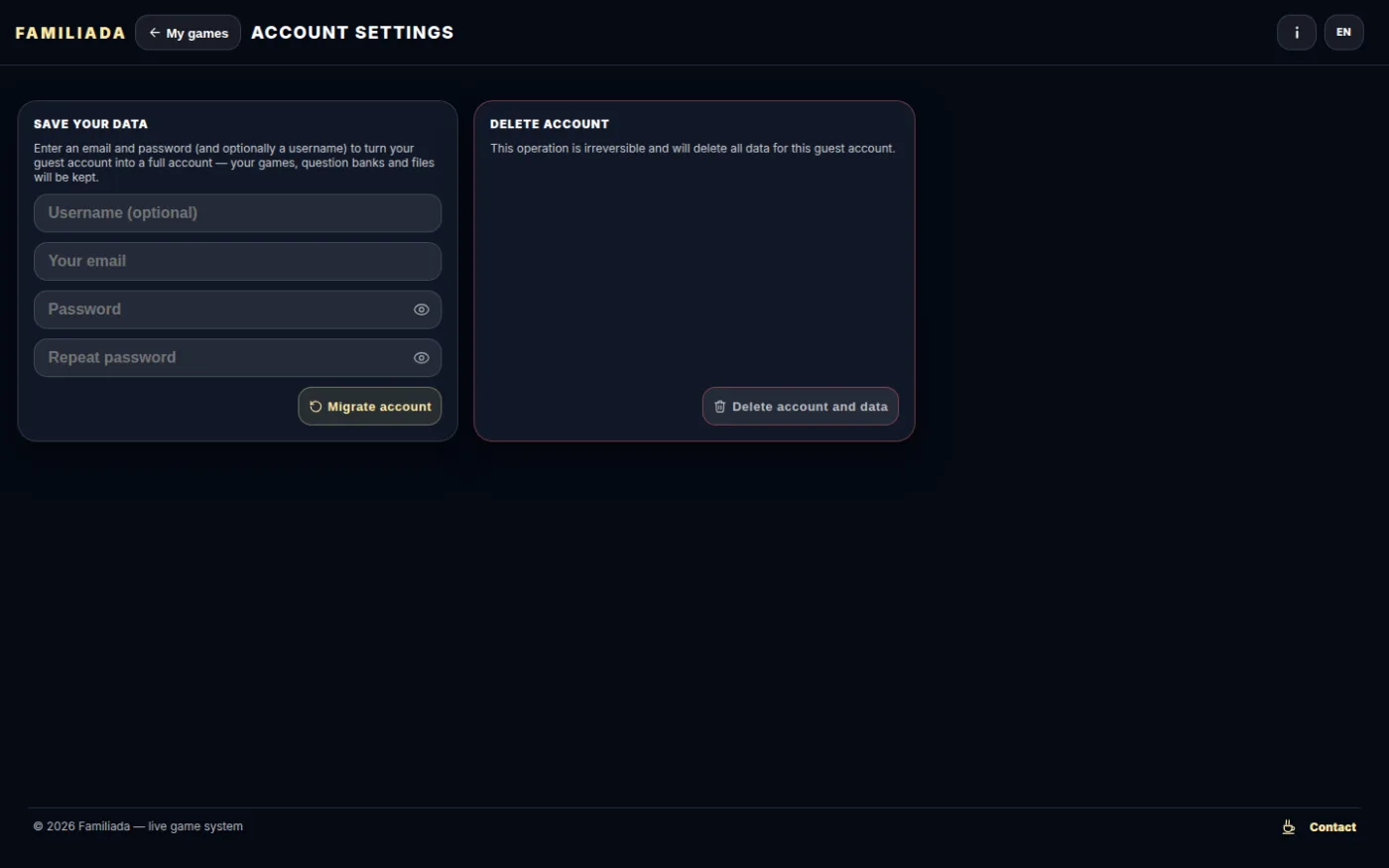 Guest account settings — "Save your data" and "Delete account"