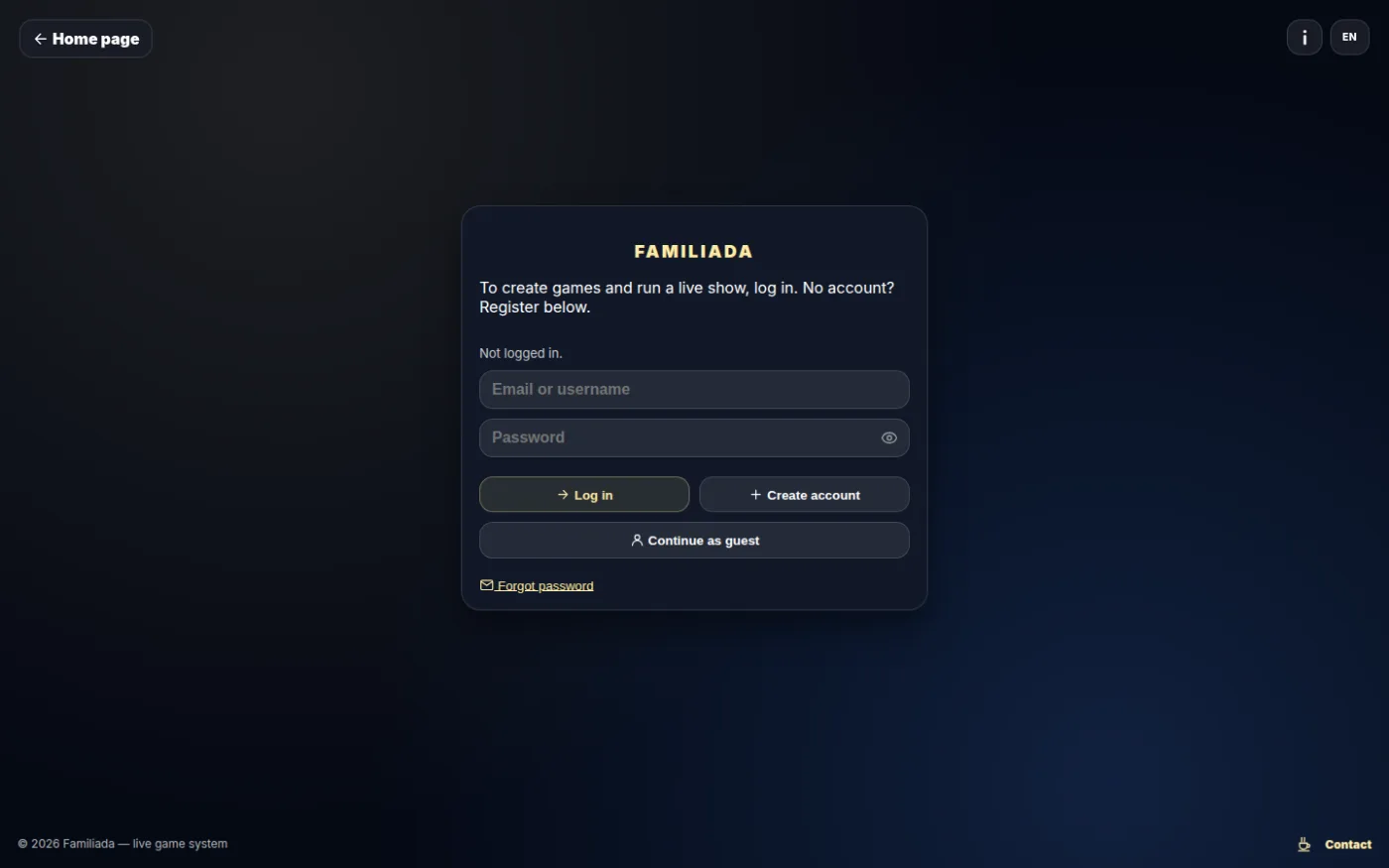 The login page