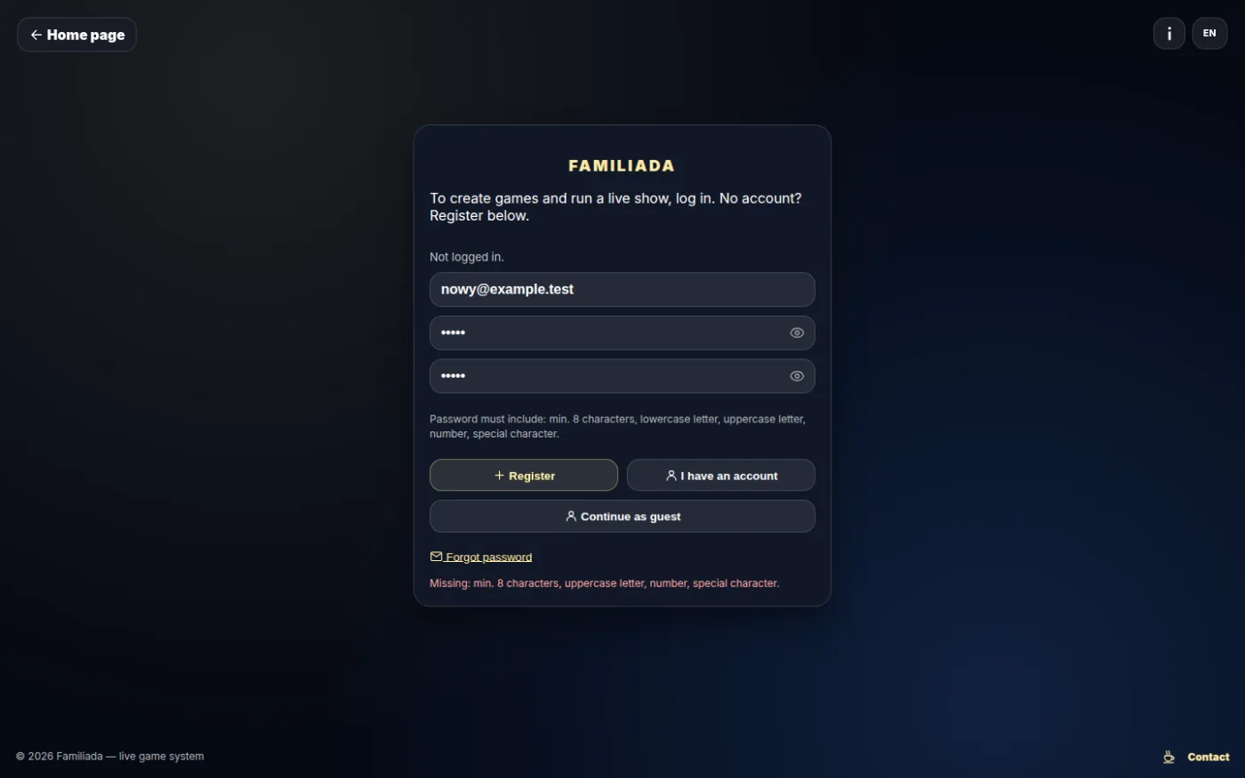 Creating an account — password rules