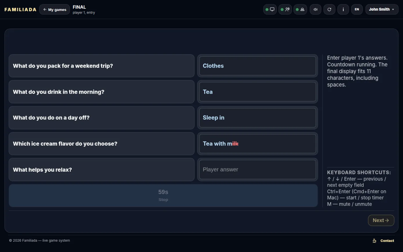 Player 1 — entering answers during the countdown