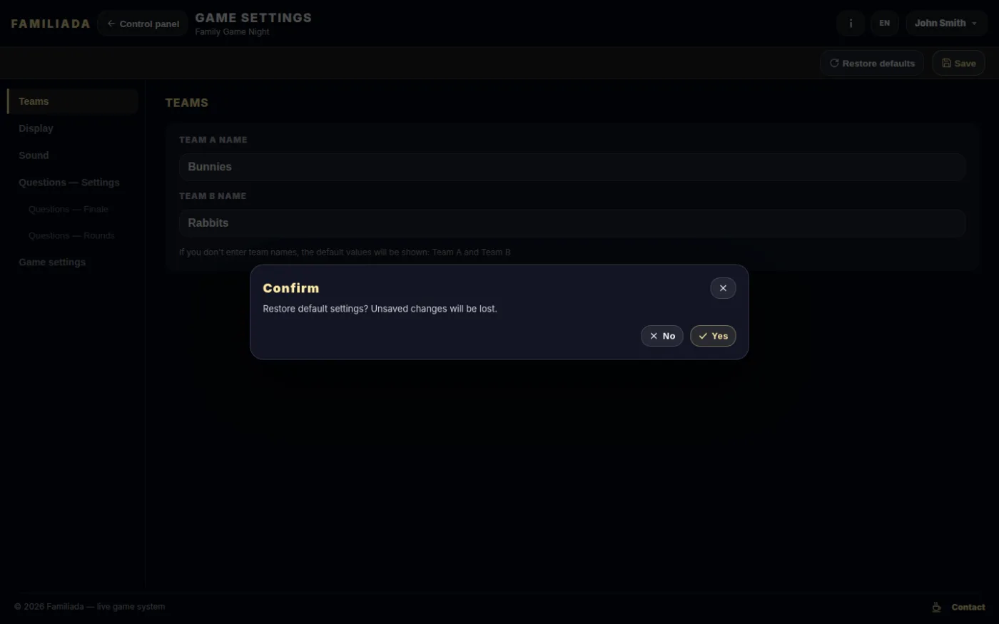 Restoring the default settings