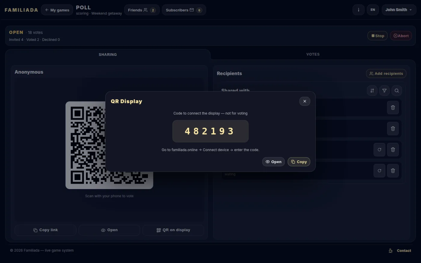 QR on the display — the screen connection code