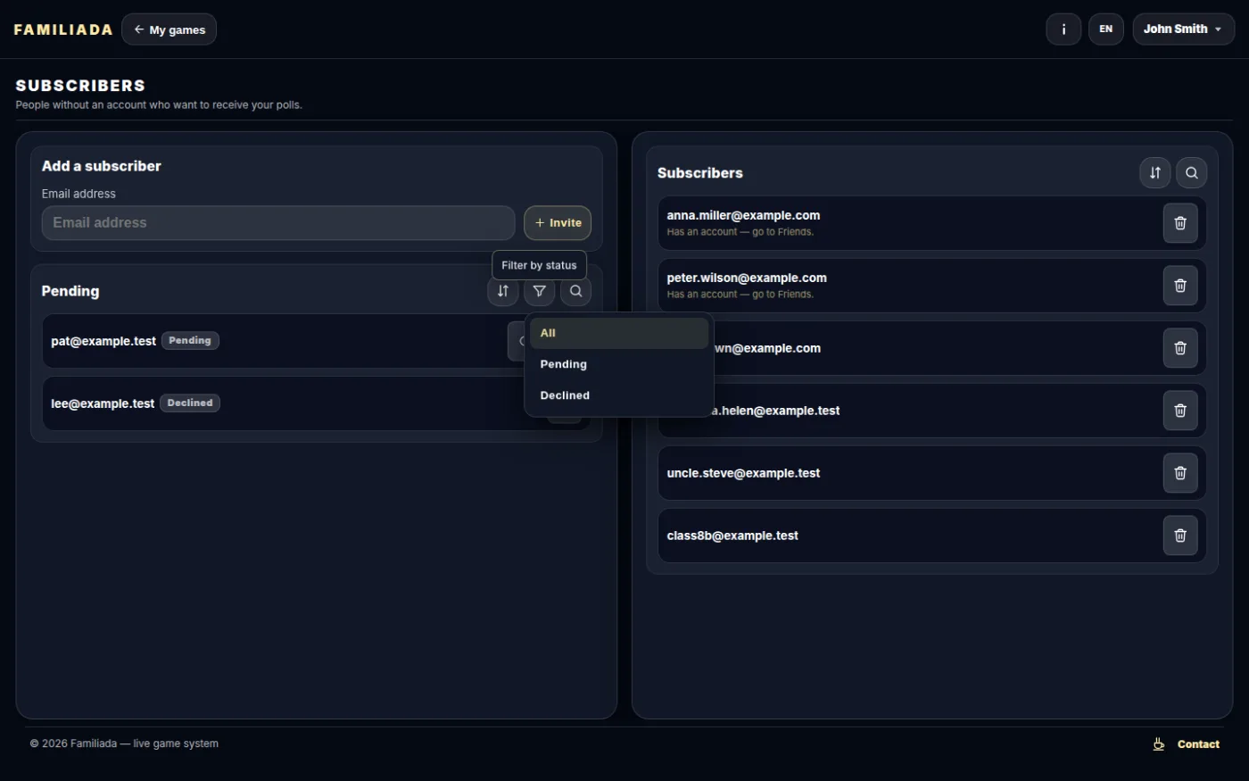 Invitation status filter