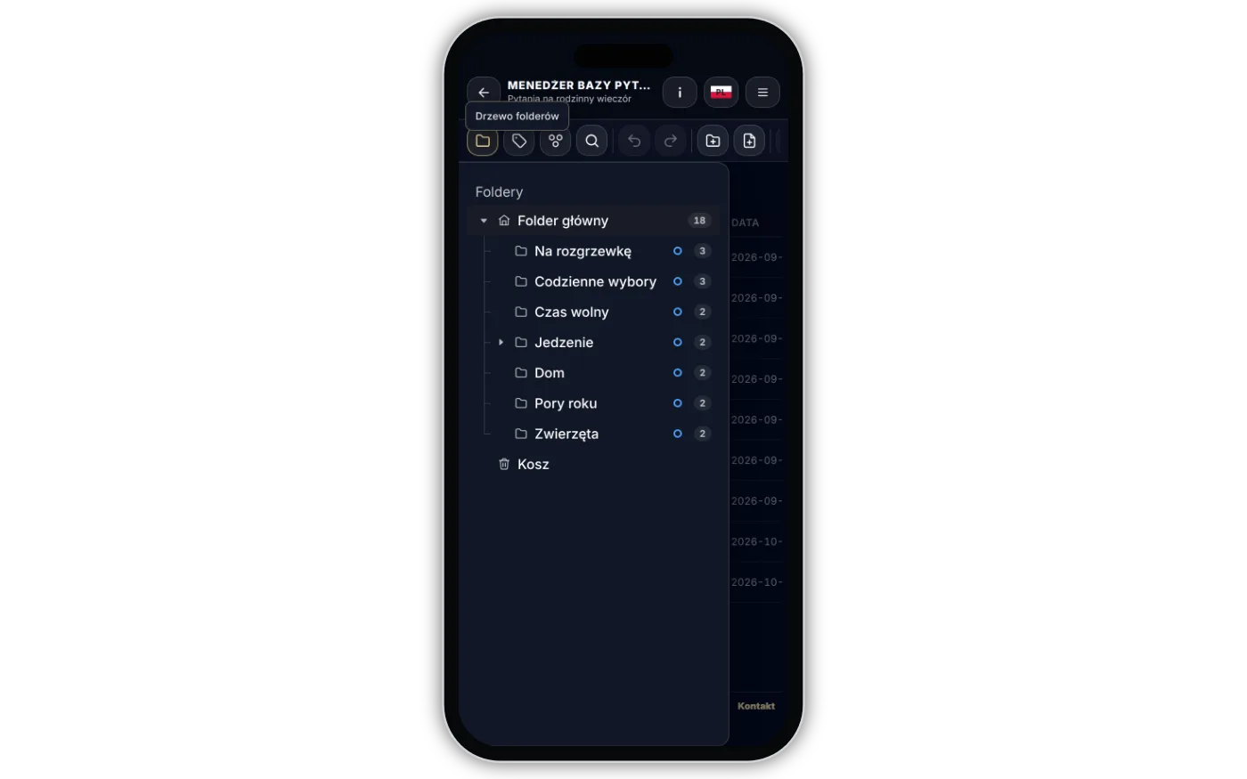 Na telefonie drzewo folderów jest w panelu z boku