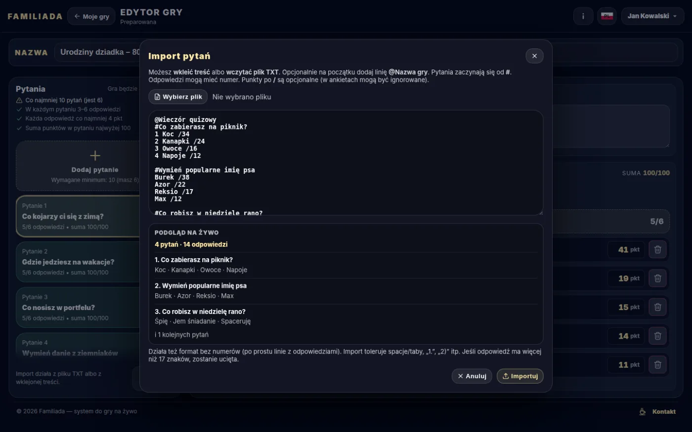 Import z pliku tekstowego — podgląd na żywo