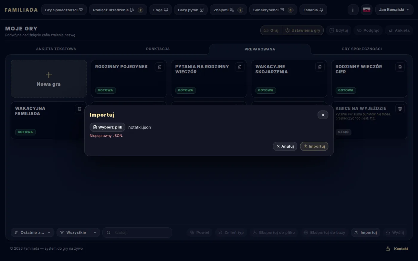 Import — niepoprawny plik JSON