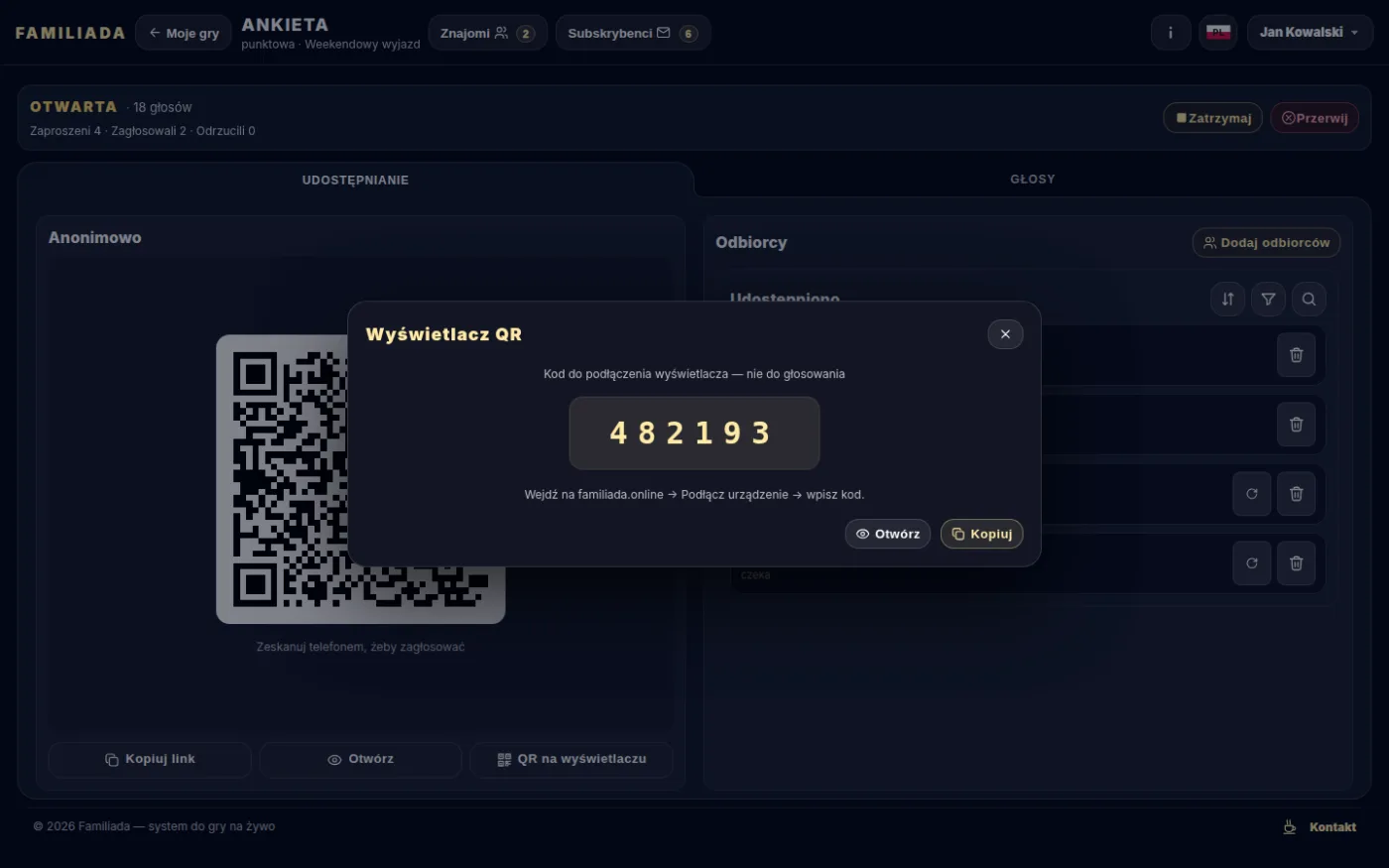 QR na wyświetlaczu — kod podłączenia ekranu